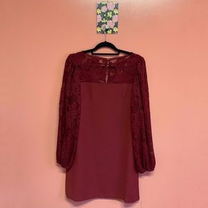 WHBM Pleated Lace Sleeve Dress Wine Maroon